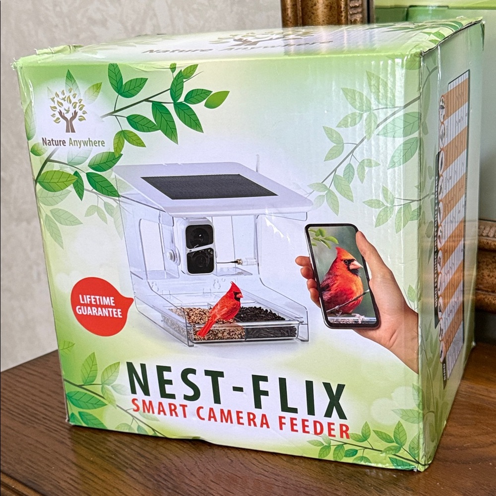 Bird Feeder Smart Camera Nest-Flix/Clear/Charging panel on top. Nature Anywhere.